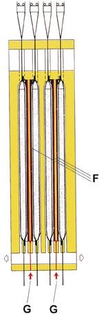 The double sided filtration gives speedy buildup of the filter cake and a short filtration part of the cycle. A. Slurry feed B. Filtrate C. Filter plate D. Membrane plate E.