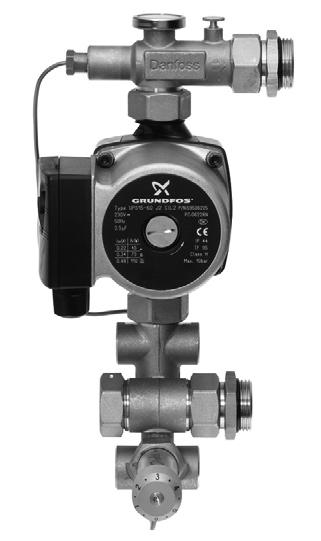 The energy-saving electronic variable speed pump (Grundfos Alpha+) adjusting itself for correct flow in the circuits; versions with a standard -speed pump (Grundfos UPS) are also available.