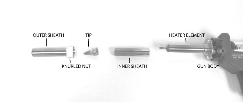 hand threads. Once the nut is loose, pull the tip retention Outer Sheath forward to uncover the Tip and Heater Element.