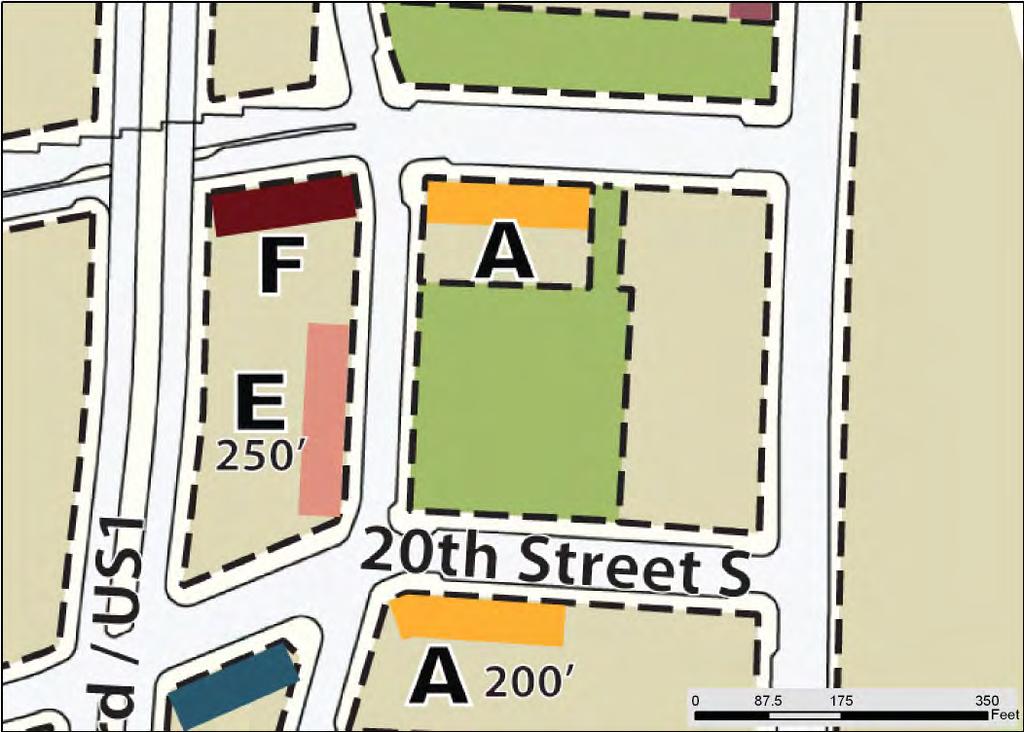 A DIMENSION, WHEN SHOWN ON THE MAP, ESTABLISHES THE POSITION OF A BOUNDARY BETWEEN DIFFERENT HEIGHT ZONES 3. AN ADDITIONAL 2 TO 3 STORIES MAY BE CONSIDERED IN 300' ZONES ALONG 18TH AND 23RD STREETS.