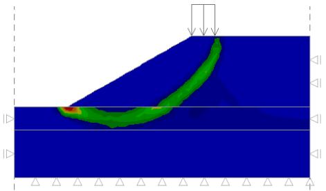 24: Contours of the equivalent plastic strain for slope of layered soil with surcharge by FEM ( 30 and 2) Figure 21: Failure of a slope