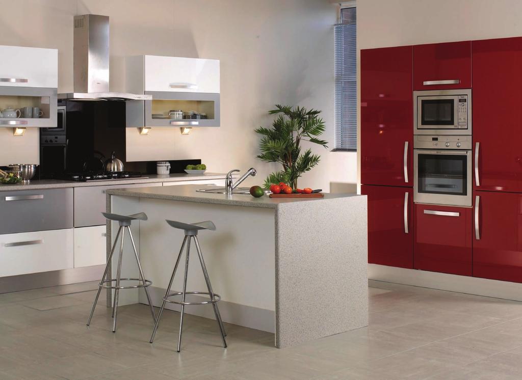 Colour: Design: High Gloss Red/White/Metallic Silver Modern Slab The high gloss finish of this Modern Classic style, shown here in red, white and metallic Silver defines a look that is instantly