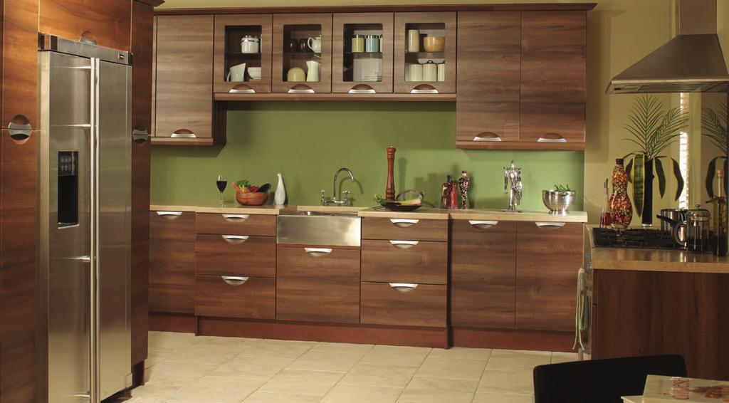 textural grain of the classic walnut fi nish. all kitchen designs shown are also available in bedroom and bathroom sizes.