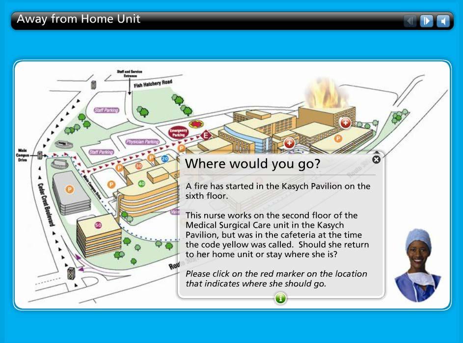Slide 32 Where would you go if a fire started and you were not your usual work area? Let s try a scenario. A fire has started in the Kasych Pavilion on the sixth floor.