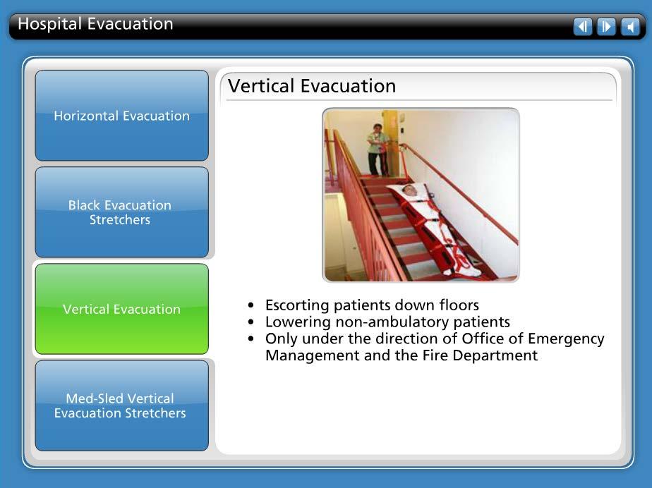 Vertical evacuation is the action taken to move patients from the building, if needed, by escorting or lowering them down stairwells to
