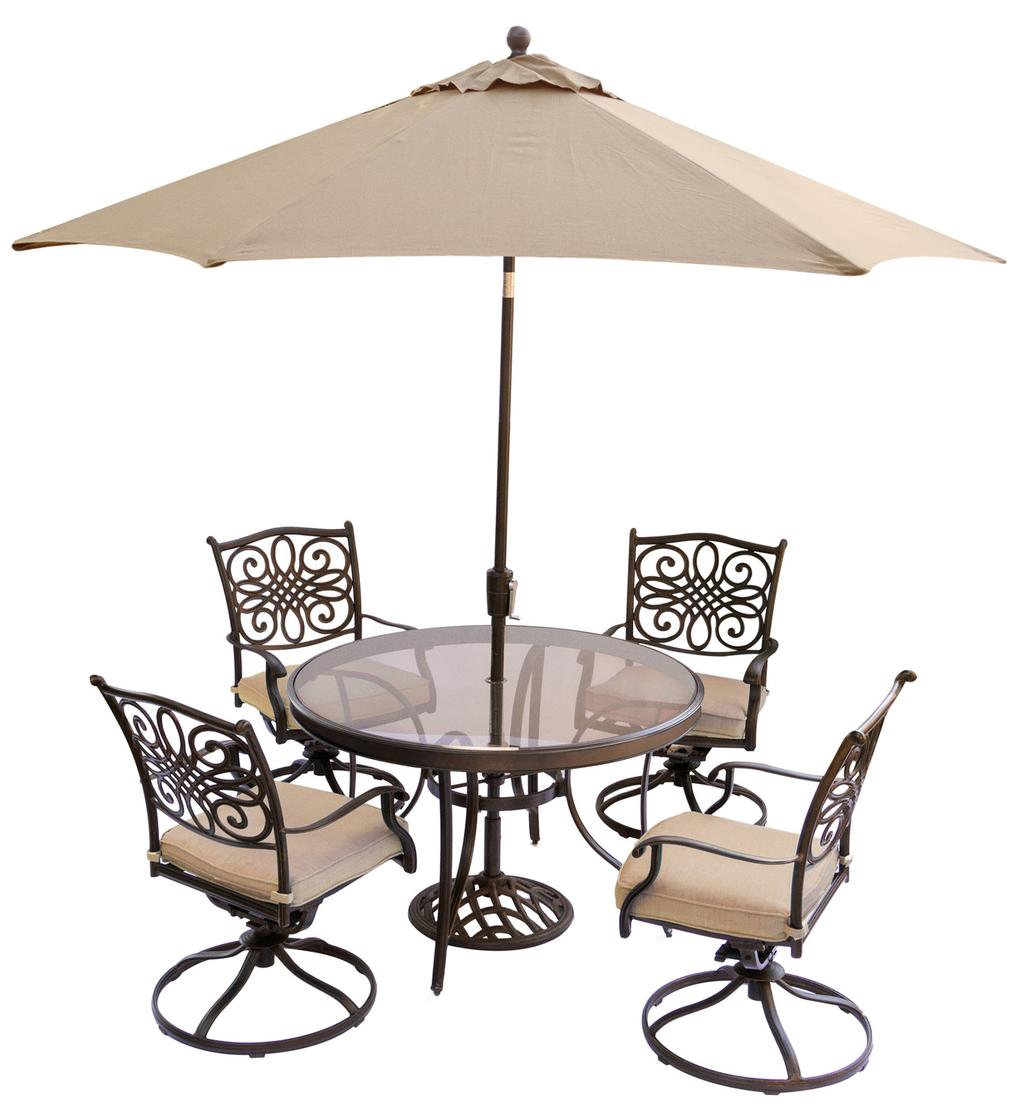 3-Piece Bistro Sets Includes two swivel rockers with tan cushions and a 32 cast-top table Includes two stationary chairs with tan cushions and a 30