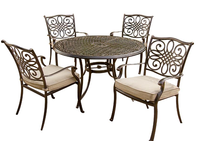 four stationary chairs with tan cushions, a 48 cast-top table, and a 9 ft.
