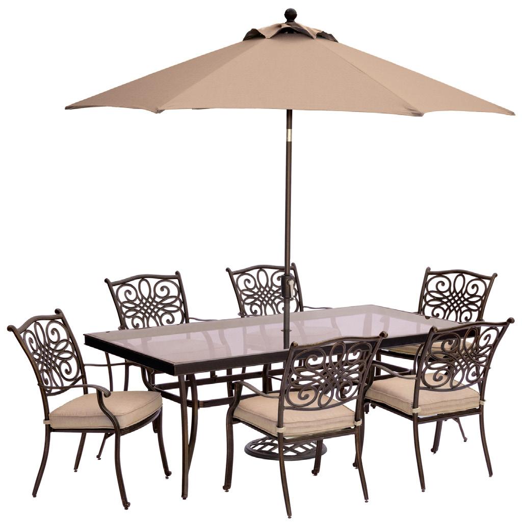7-Piece Dining Sets Includes two swivel rockers and four stationary chairs with tan cushions and a 38 x 72 cast-top table Includes six stationary chairs with tan cushions and a 38 x 72 cast-top table