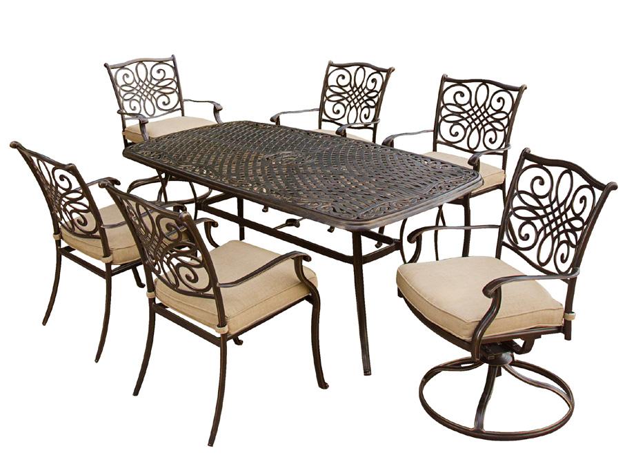 stationary chairs with tan cushions and a 42 x 84 glass-top table Includes six swivel rockers with tan cushions and a 42 x 84 glass-top table 7-Piece Dining Sets with Umbrella and Stand Includes two