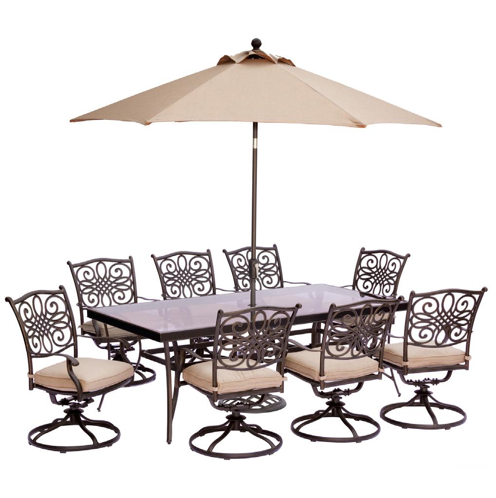 9-Piece Dining Sets Includes two swivel rockers and six stationary chairs with tan cushions and a 41 x 84 cast-top table Includes eight stationary chairs with tan cushions and a 41 x 84 cast-top