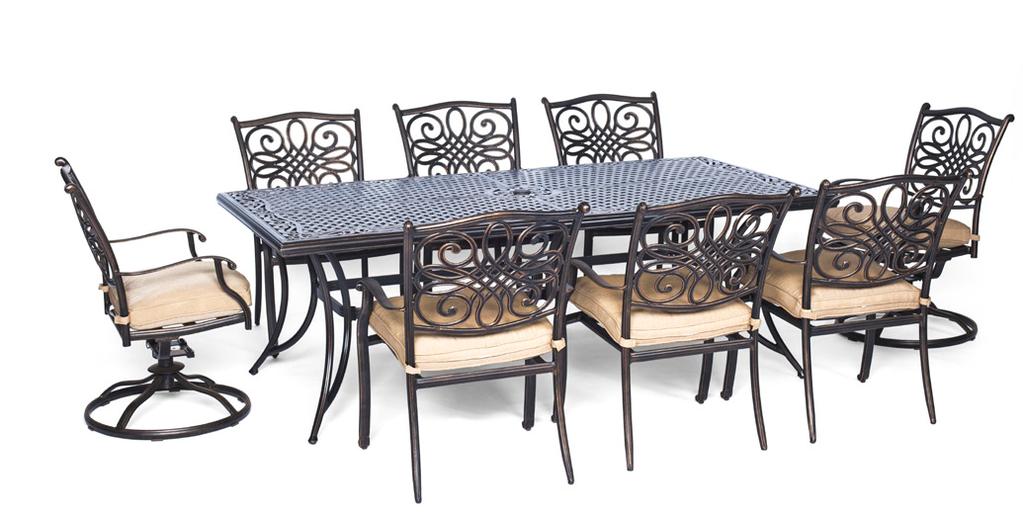stationary chairs with tan cushions and a 42 x 84 glass-top table Includes eight swivel rockers with tan cushions and a 42 x 84 glass-top table 9-Piece Dining Sets with Umbrella and Stand Includes