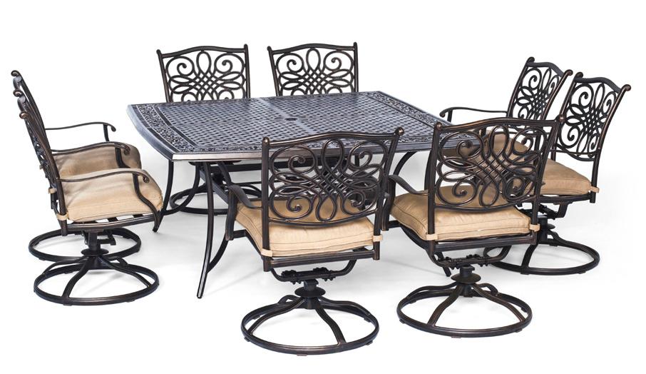 Dining Sets with Umbrella and Stand Includes eight stationary chairs with tan cushions, a 60 square cast-top table, and a Includes eight swivel rockers with tan cushions, a 60 square