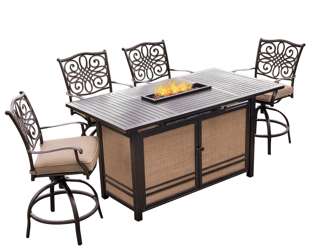 High-Dining Bar Sets Includes two swivel bar chairs and a 30 round bar table Includes four swivel bar chairs with tan cushions and a 56 cast-top table