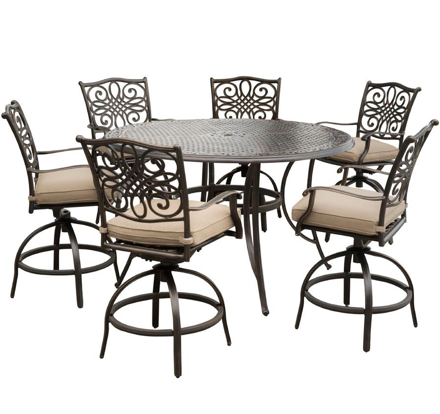 tan cushions, a 56 cast-top table, and a 11 ft. Includes six swivel bar chairs with tan cushions, a 56 cast-top table, and a 11 ft.