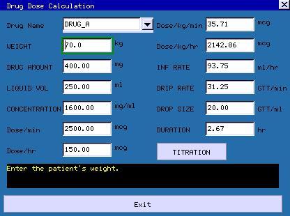 4.2.7 Drug Dose Calc Select MENU Calculator Drug Calc enter the Drug dose calculation window. As follows: This calculation of drug concentration is mainly aimed at facilitating the work of physicians.