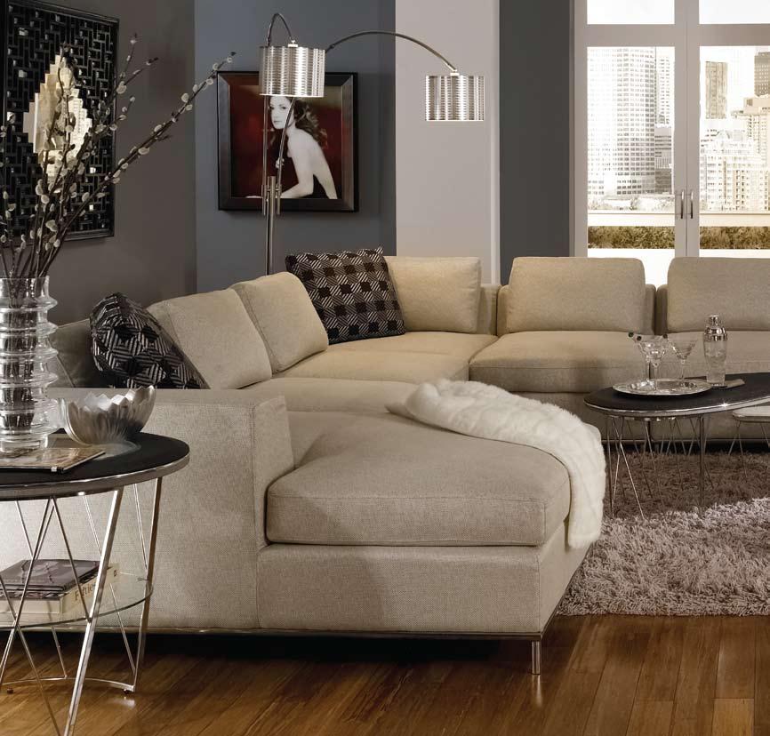 sectional of any size. Feather blend wrap non-reversible seat cushions; 100% feather filled accent pillows, chrome base and feet.