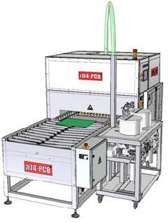 centrically in the transport system of the spray coater unit. The incomming board stops directly in front of the board in advance.