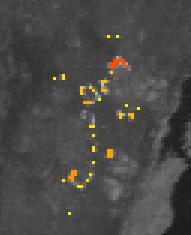 Colour coded Fire Radiative Power (in MW) of hot spots is projected on the