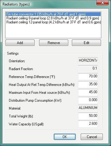 Figure 2-87: Radiator types dialog (showing illustrative inputs for a