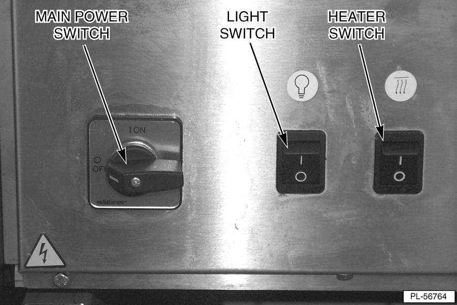 POWER ON DISPLAY CASE (FULL-SERVICE) 1. Turn on the water supply valve, external to the machine. 2. Turn the main power switch to the on position (Fig. 17). 3. Turn on the light switch (Fig. 17). 4.