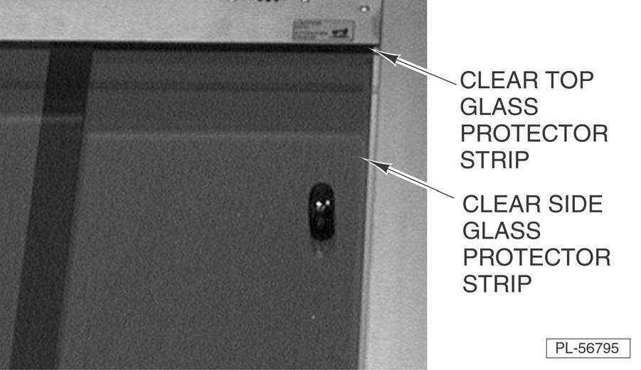Install clear glass protector strips onto each sliding glass door (Fig. 36). (All models) Fig. 36 Fig. 37 Install clear glass protector strip onto the top AND bottom self-service front glass (Fig.