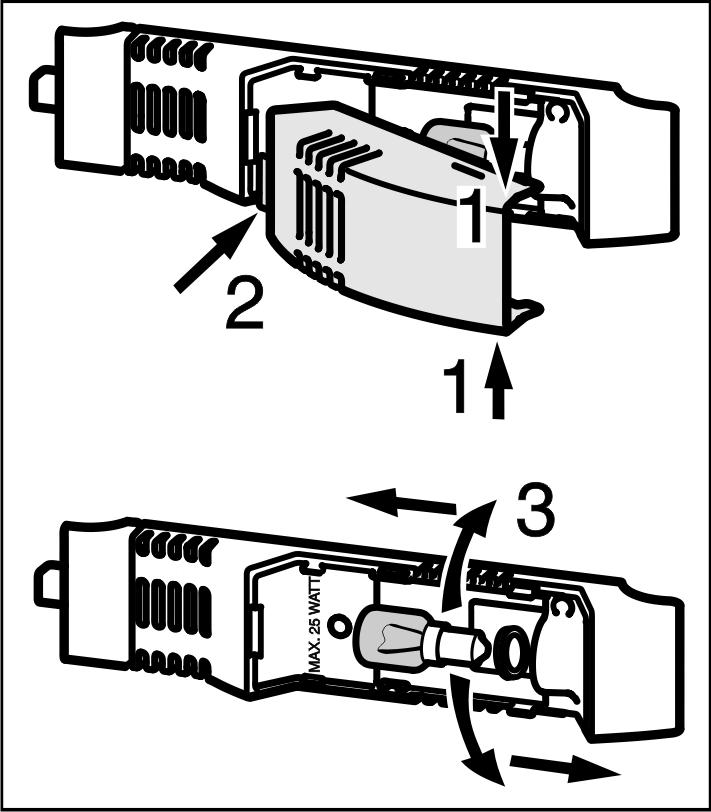 u Pull out the mains plug or switch off/unscrew the fuse. u Take hold of the lamp cover at the top and bottom Fig. 14 (1). u Disengage the lamp cover at the back and detach it Fig. 14 (2).