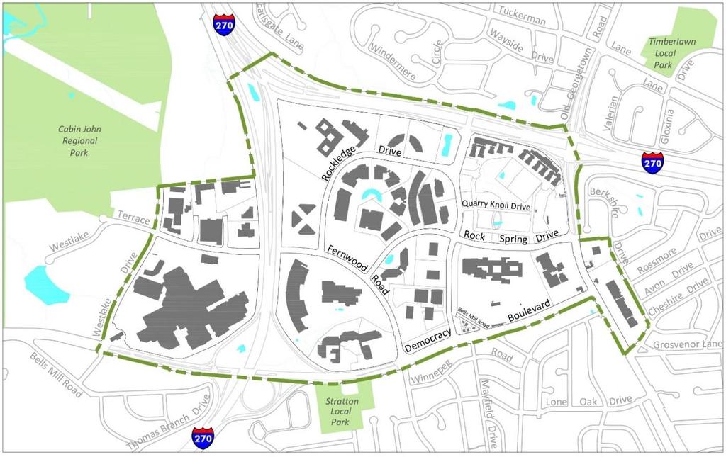 The boundaries for the Master Plan are I-270 to the north, Old Georgetown Road to the east, Democracy Boulevard to the south, and Westlake Drive to the west (see Map 2).