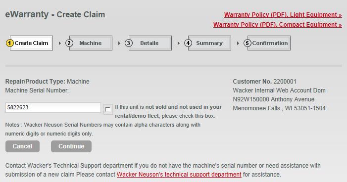 Note: The machine information is now displayed as pictured below, be sure to verify that it is the machine you are filing a warranty on. If it is not, please cancel the claim and start over.