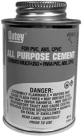 Cement (For PVC, ABS & CPVC) G20 All purpose cement for PVC, ABS, CPVC pipe and fittings up to 6" in diameter 2 hour cure time at 16C (60F) before pressure testing (up to 180 psi).
