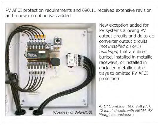 Revision/ New - 690.11, Exception Arc-Fault Circuit Protection (Direct Current). [Solar Photovoltaic (PV) Systems] The requirement for PV AFCI protection at 690.