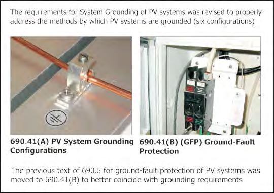 Revision & Relocation - 690.41 System Grounding. [Solar Photovoltaic (PV) Systems] The provisions of 690.41 were revised to properly address the methods by which PV systems are grounded.