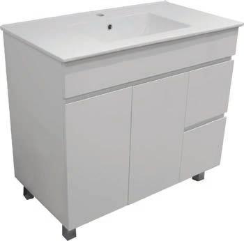 FURNITURE FRESCO 900 FLOOR VANITY JFR900F SIZE: 900W X 490D X 835H Adjustable floor mounting legs Contemporary design vanity with Slimline vitreous china top (I taphole) Strong construction in HMR