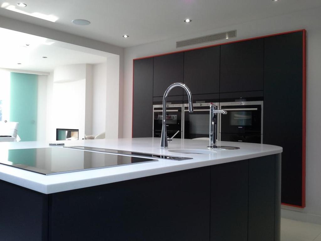 Pronorm Pro Line in Matt Lacquer, Stratus Grey & Brick Red Leamington Spa As part of a major house renovation, the client wanted a space to entertain guests and give a wow factor to the hub of the