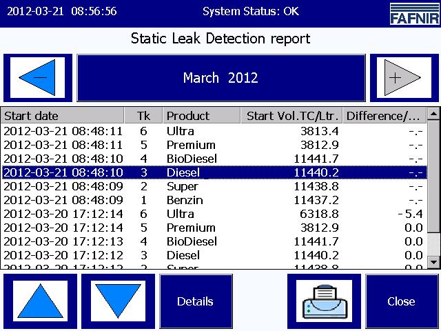 4.7.3 Static Leak Detection (report function all tanks) Main screen -> System functions -> Static Leak Detection Selecting this function displays the Static Leak Detection (SLD) entries for the