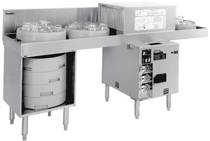 The model number specifies the overall glasswasher length and the location of the extended drain table.