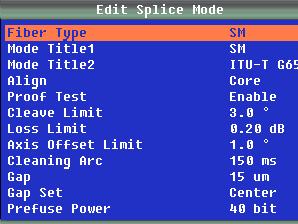 Select an appropriate splice mode for the type of fiber to be spliced, and press p or q to select the splice mode. Then press 8 to confirm.