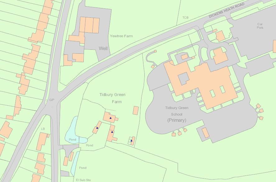 Figure 2 Location map identifying the listed buildings of Tidbury Green Farm with blue triangles and illustrating its relationship to Dickens Heath Road, Fulford Hall Road and neighbouring
