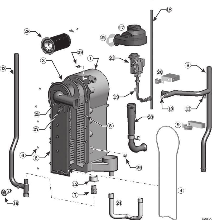 gas-fired water boiler Manual Figure 122 Heat exchanger and piping Ultra-155 & -230 118 1 Heat exchanger replacement kit - Heat exchanger, cover plate, burner, electrode, water sensors, compression