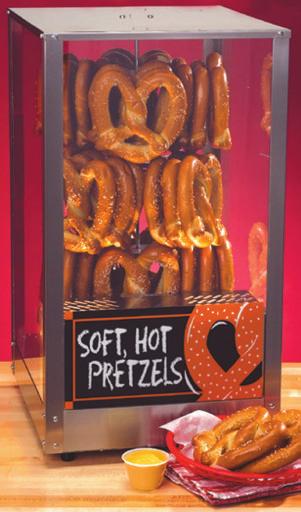 PRETZEL MERCHANDISER Stainless steel cabinet with tempered glass Two-tiered rack holds dozens of fresh, toasty pretzels Signage included
