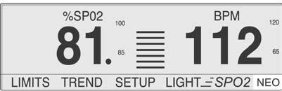 Description of Controls, Indicators, and Symbols The pleth display includes a wiper bar plethysmographic waveform, menu bar, and current measured %SpO2 and pulse rate.