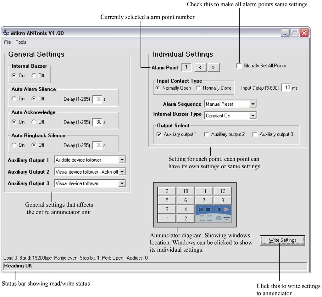 4.4 Configuration via ANTools ANTools is an easy to use PC Windows based software for configuring AN1xx series Annunciator settings. Figure 4.3: Main screen of ANTools. 4.4.1 Installation Installation is straight forward.