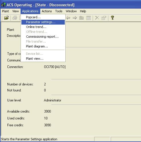 5.2.1 Parameter settings in ACS In the ACS Service program, select Plant, then Open to open the plant.