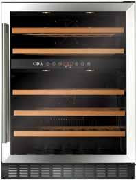 fwc603 Freestanding under/counter wine cooler Stainless steel Black glass Black plinth Red digital display Dual temperature storage zones 5 wooden slide-out shelves Electronic temperature control