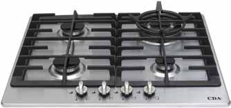 hg6300 Four burner gas hob Hobs Front control Enamel pan supports Flame failure included LPG conversion kit included Burners Front left: 1.75kW semi-rapid Front right: 1kW auxiliary Rear left: 1.