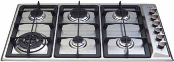 hg7300 Five burner gas hob Wok burner Front control Enamel pan supports Flame failure included Wok support (not shown) LPG conversion kit included Burners Front left: 1kW auxiliary Front right: 1.