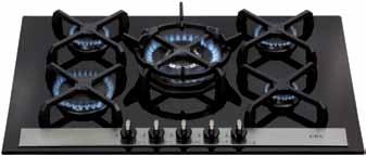hvg77 Five burner gas on glass hob Hobs Wok burner Front control Cast iron pan supports Automatic ignition Wok support LPG conversion kit included Black Burners Front left: 3kW rapid Front right: 1kW