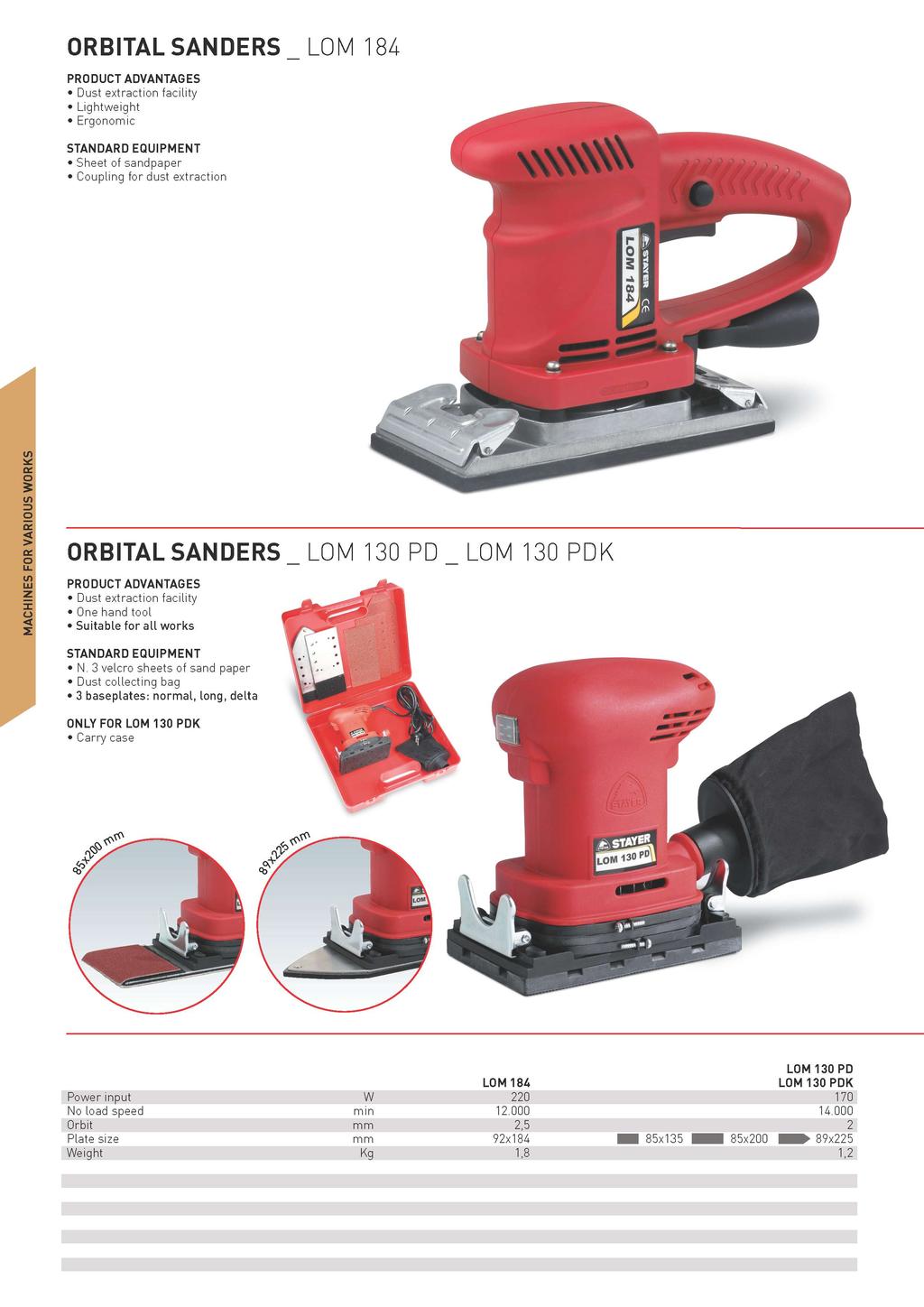 ORBITAL SANDERS _ LOM 184 Dust extraction facility Lightweight Ergonomic Sheet of sandpaper Coupling for dust extraction Power input No
