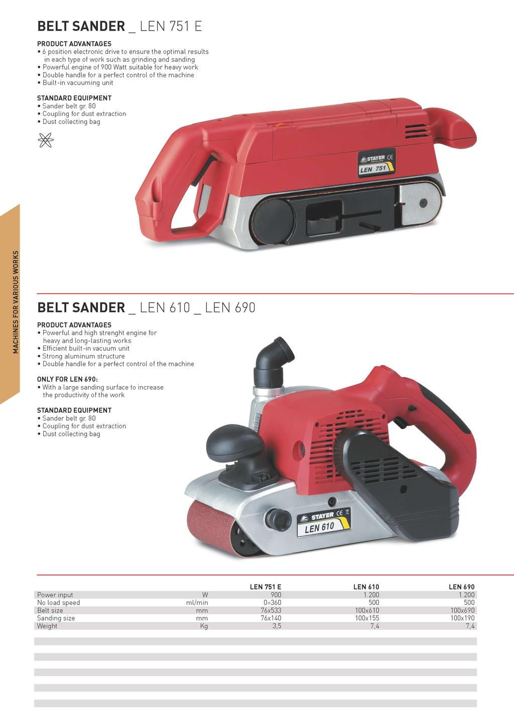 BELT SANDER _ LEN 751 E 6 position electronic drive to ensure the optimal results in each type of work such as grinding and sanding Powerful engine of 900 Watt suitable for heavy work Double handle