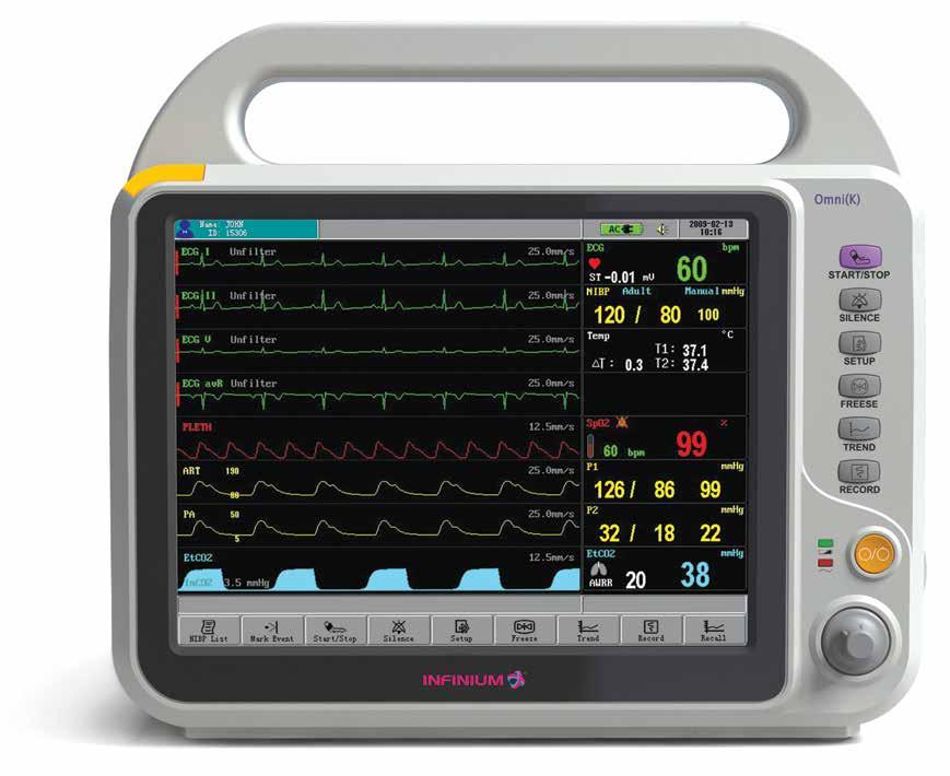 user. The Omni (K) is preconfigured with non-invasive blood pressure, 3/5 ECG with arrhythmia detection, impedance respiration, SpO2, and