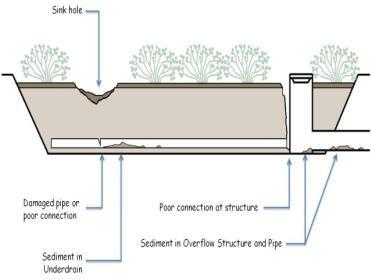 Indicator #8: Severe Bed Sinking Problem: Greater than 1 of localized bed sinking and/or sediment is observed in the underdrain or overflow.